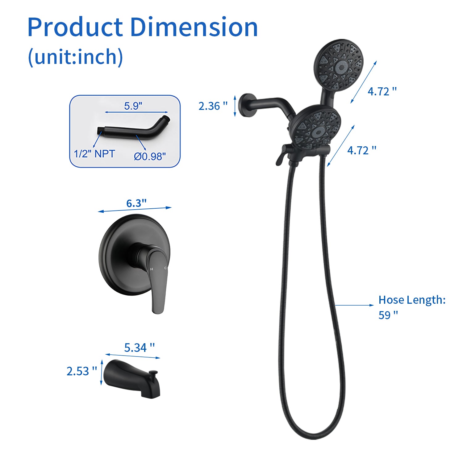 6-Spray Dual Shower Faucet Set with Tub Spout 2-in-1 Shower head and Handheld Shower