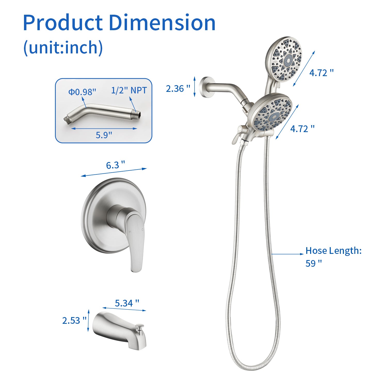 6-Spray Dual Shower Faucet Set with Tub Spout 2-in-1 Shower head and Handheld Shower