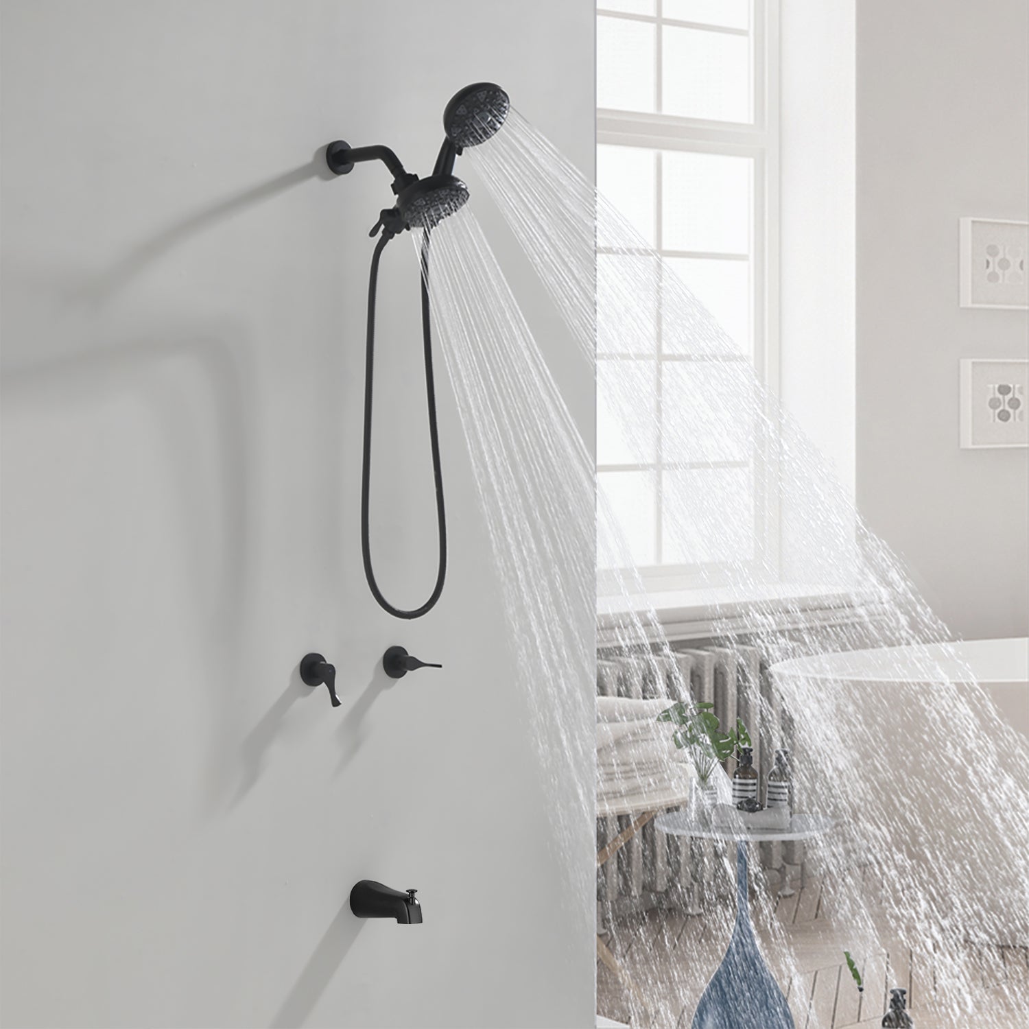 2 Handles Tub and Shower Faucet Set 6-Function High Pressure Dual Shower System with Tub Spout