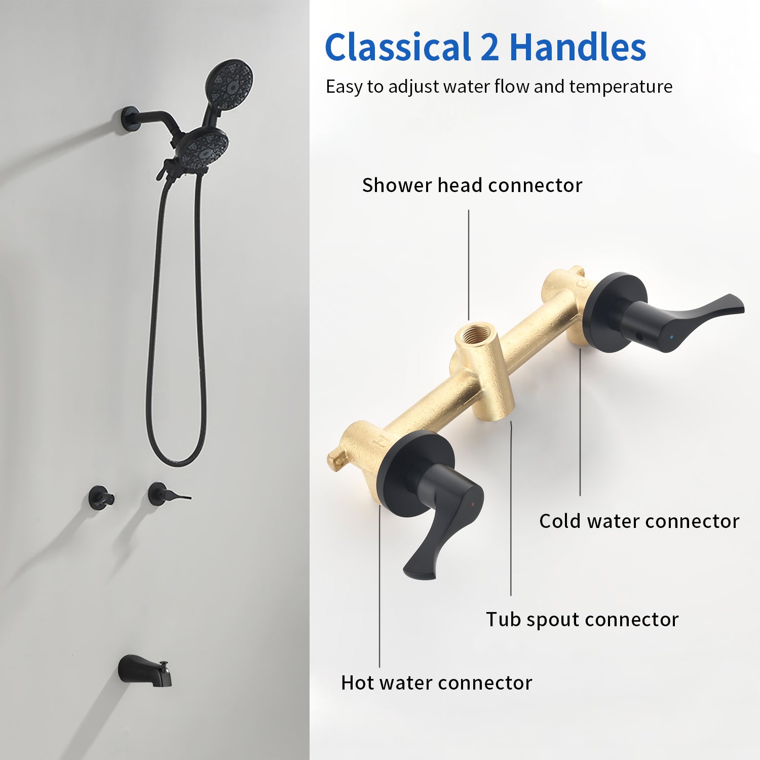 2 Handles Tub and Shower Faucet Set 6-Function High Pressure Dual Shower System with Tub Spout