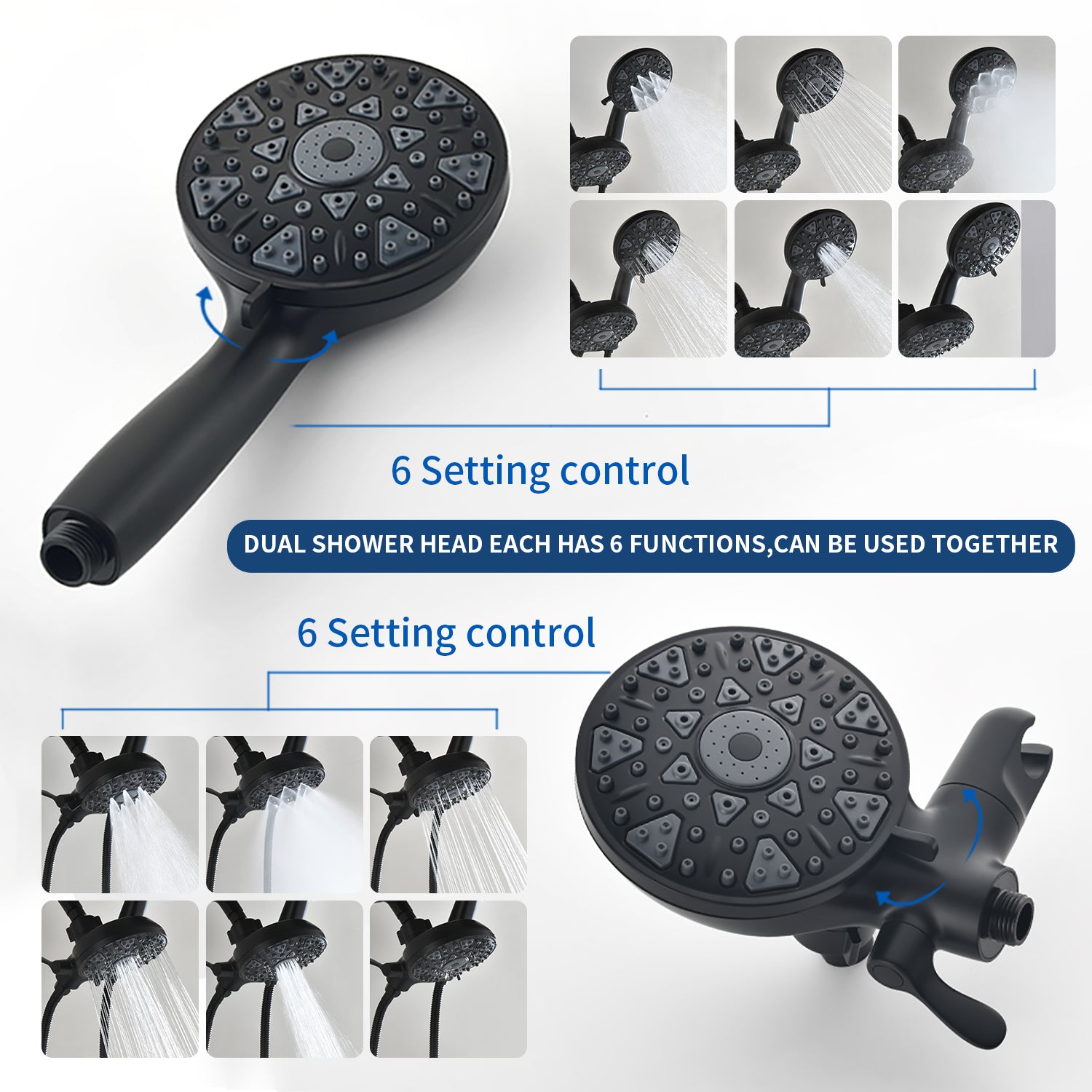 2 Handles Tub and Shower Faucet Set 6-Function High Pressure Dual Shower System with Tub Spout