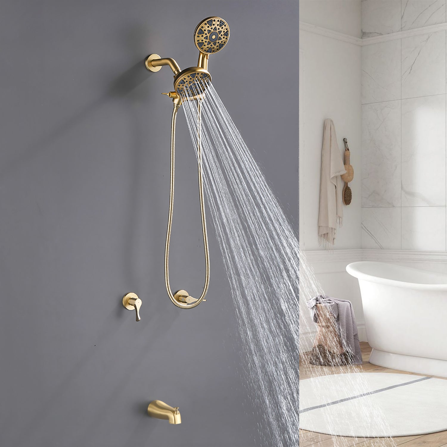 2 Handles Tub and Shower Faucet Set 6-Function High Pressure Dual Shower System with Tub Spout