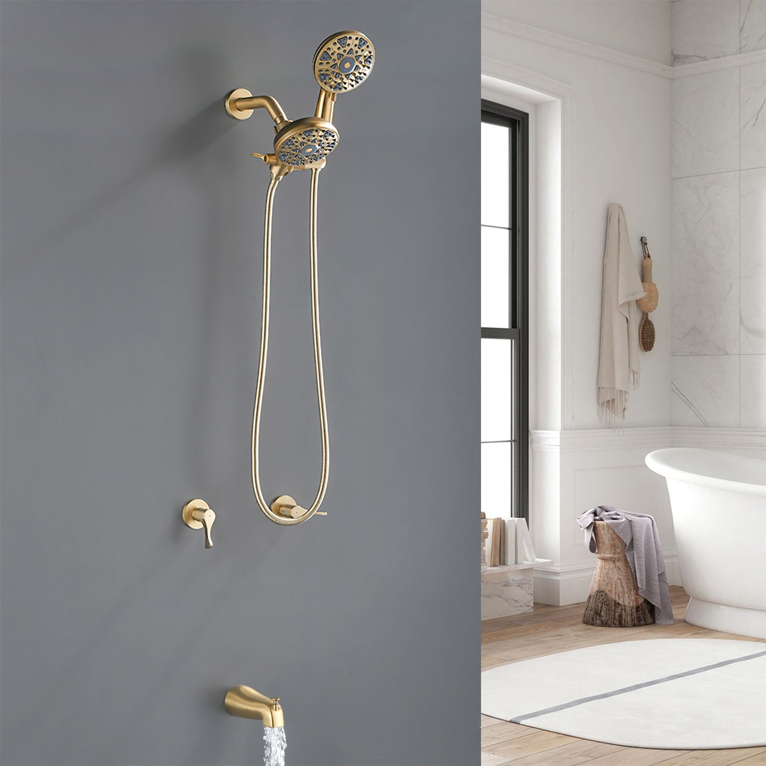 2 Handles Tub and Shower Faucet Set 6-Function High Pressure Dual Shower System with Tub Spout