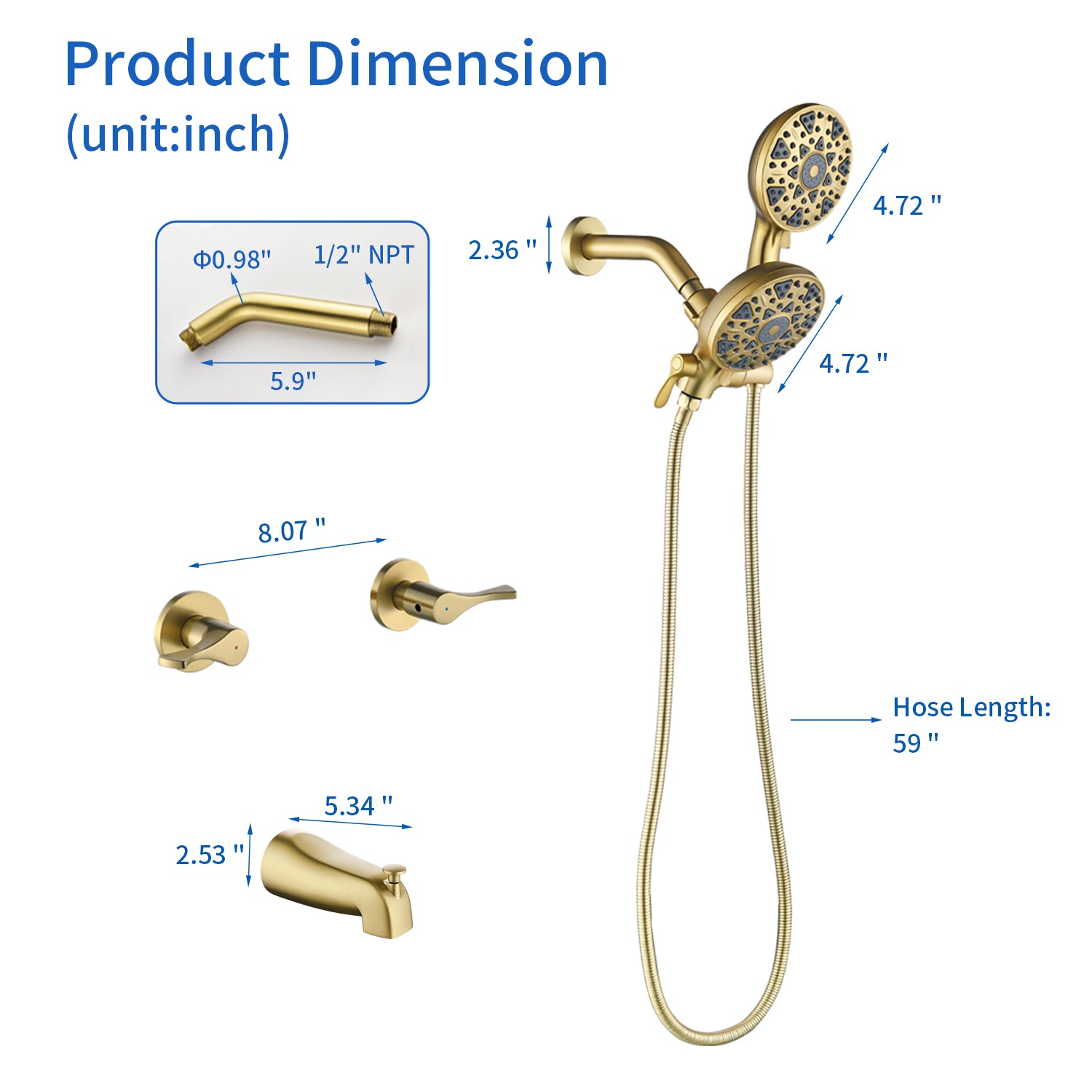 2 Handles Tub and Shower Faucet Set 6-Function High Pressure Dual Shower System with Tub Spout