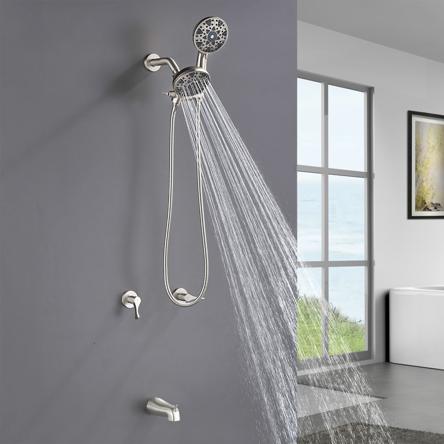 2 Handles Tub and Shower Faucet Set 6-Function High Pressure Dual Shower System with Tub Spout