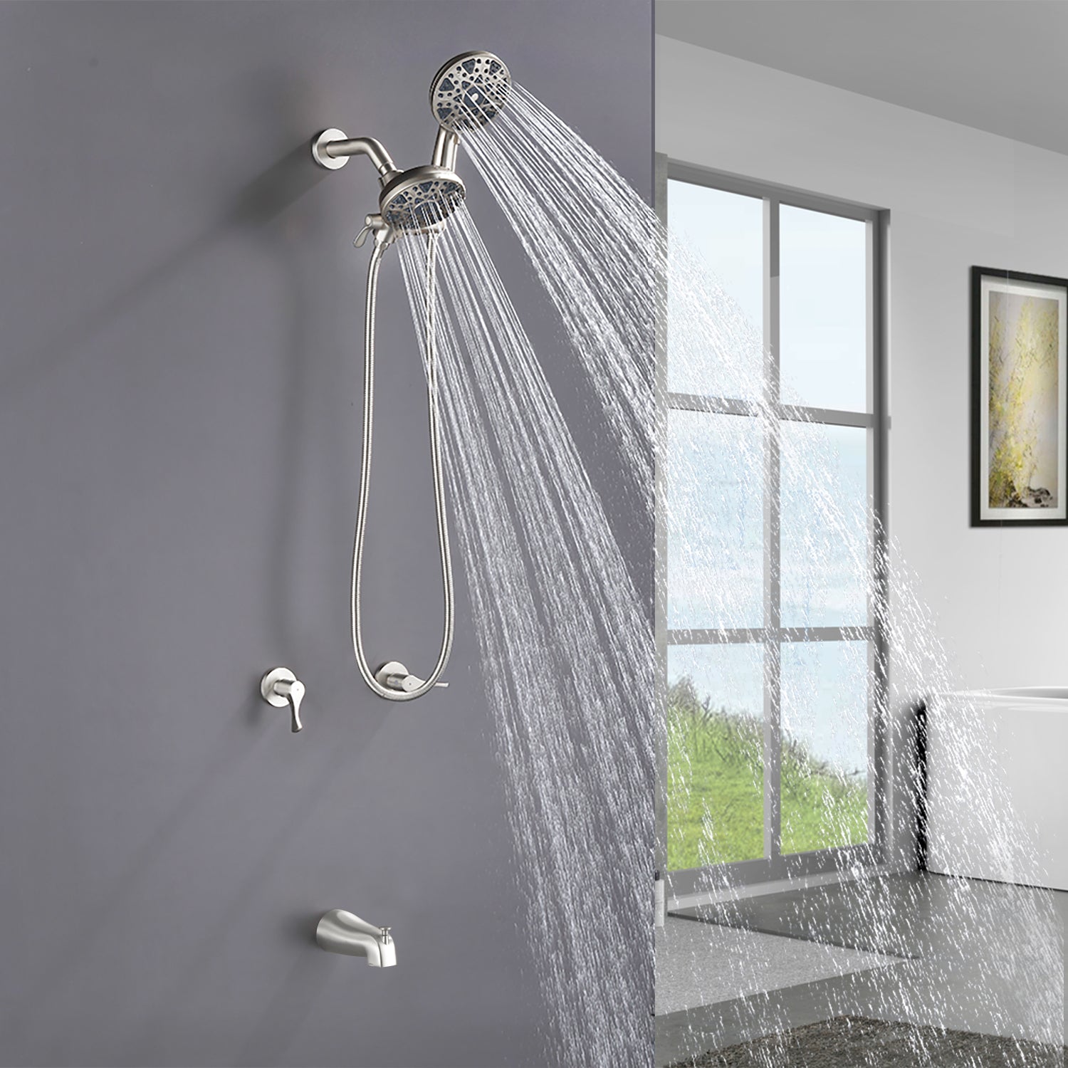 2 Handles Tub and Shower Faucet Set 6-Function High Pressure Dual Shower System with Tub Spout