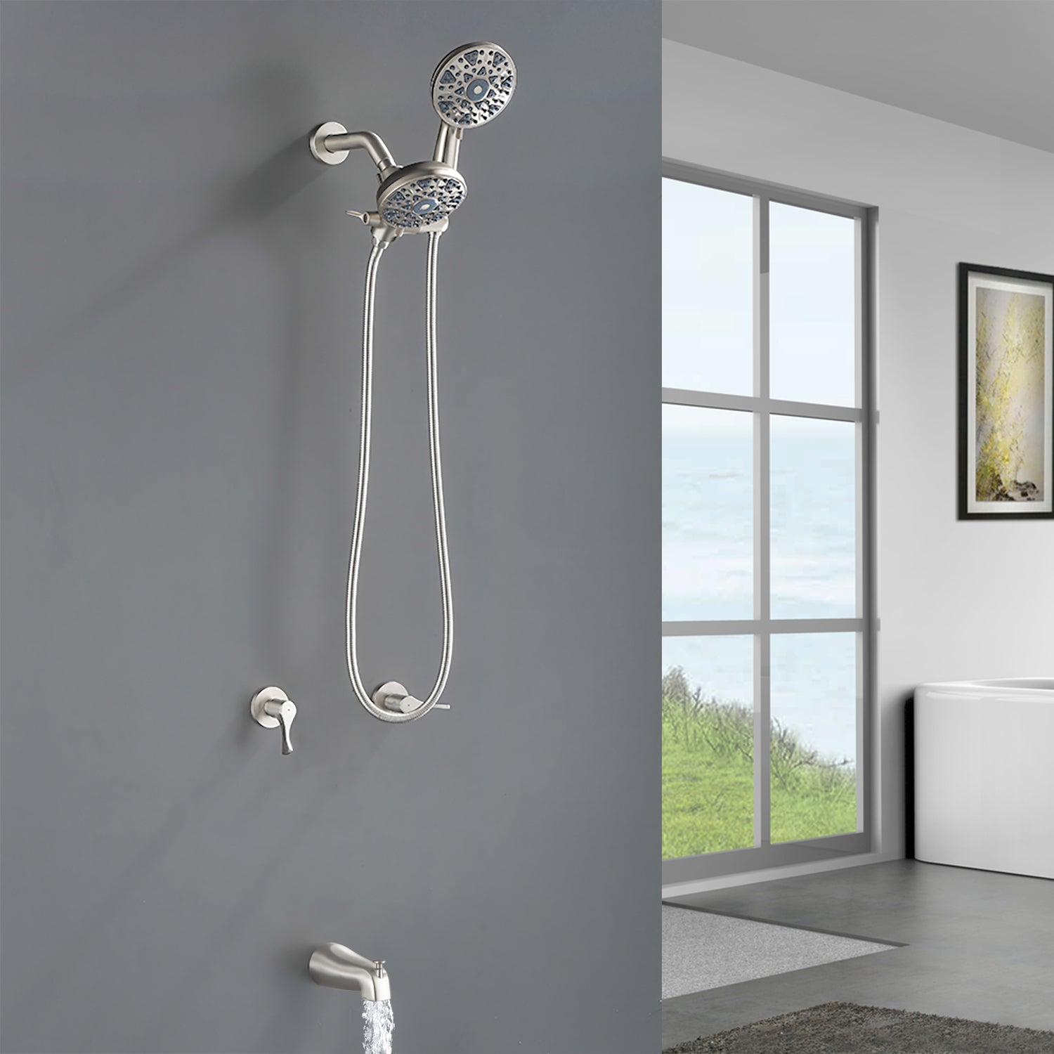 2 Handles Tub and Shower Faucet Set 6-Function High Pressure Dual Shower System with Tub Spout