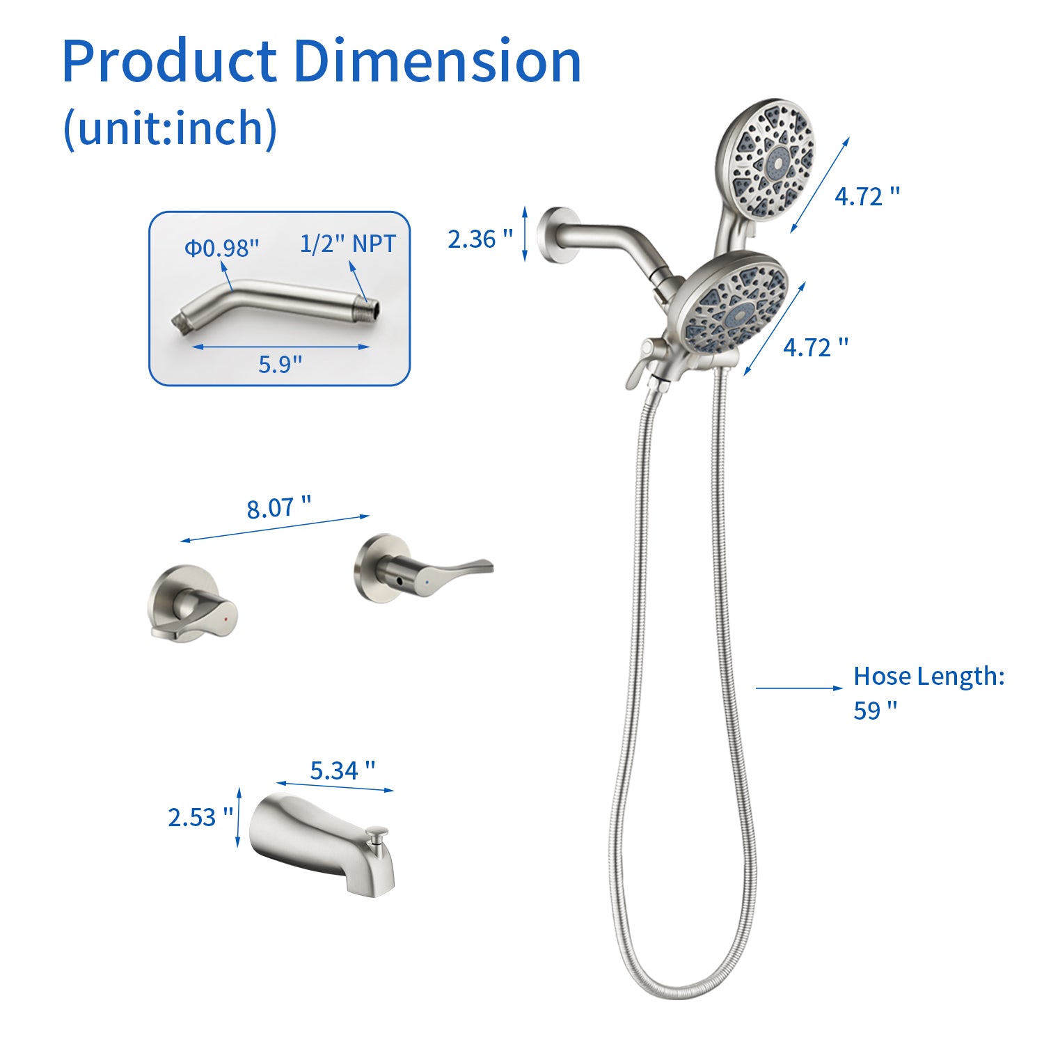 2 Handles Tub and Shower Faucet Set 6-Function High Pressure Dual Shower System with Tub Spout