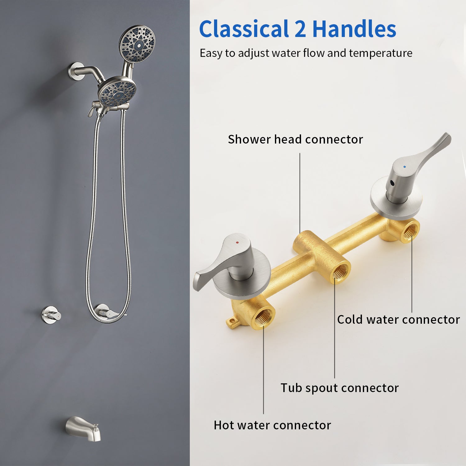 2 Handles Tub and Shower Faucet Set 6-Function High Pressure Dual Shower System with Tub Spout