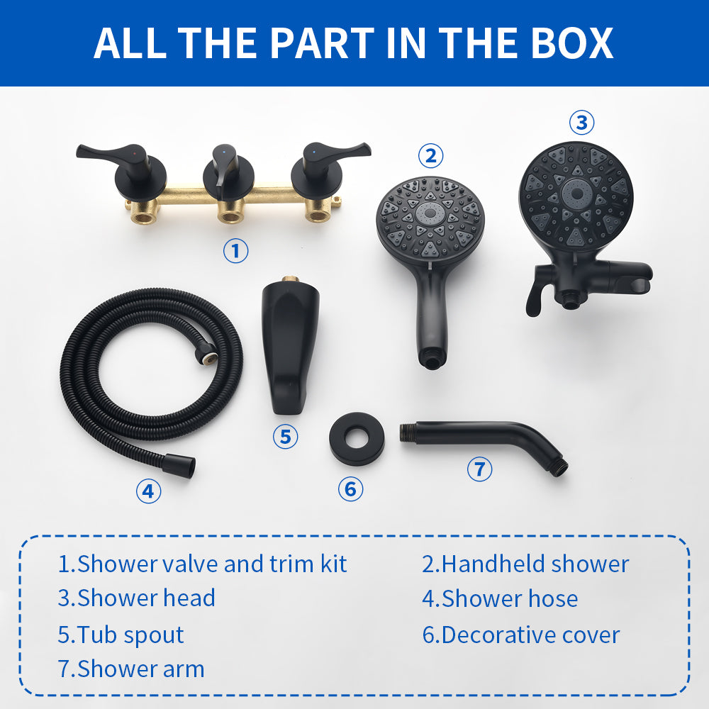 3 Handles Tub Shower Faucet with Round 6-Spray 2 In 1 Dual Shower Head and Tub Spout