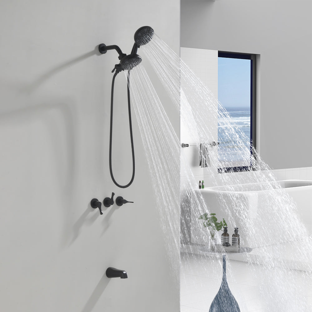 3 Handles Tub Shower Faucet with Round 6-Spray 2 In 1 Dual Shower Head and Tub Spout