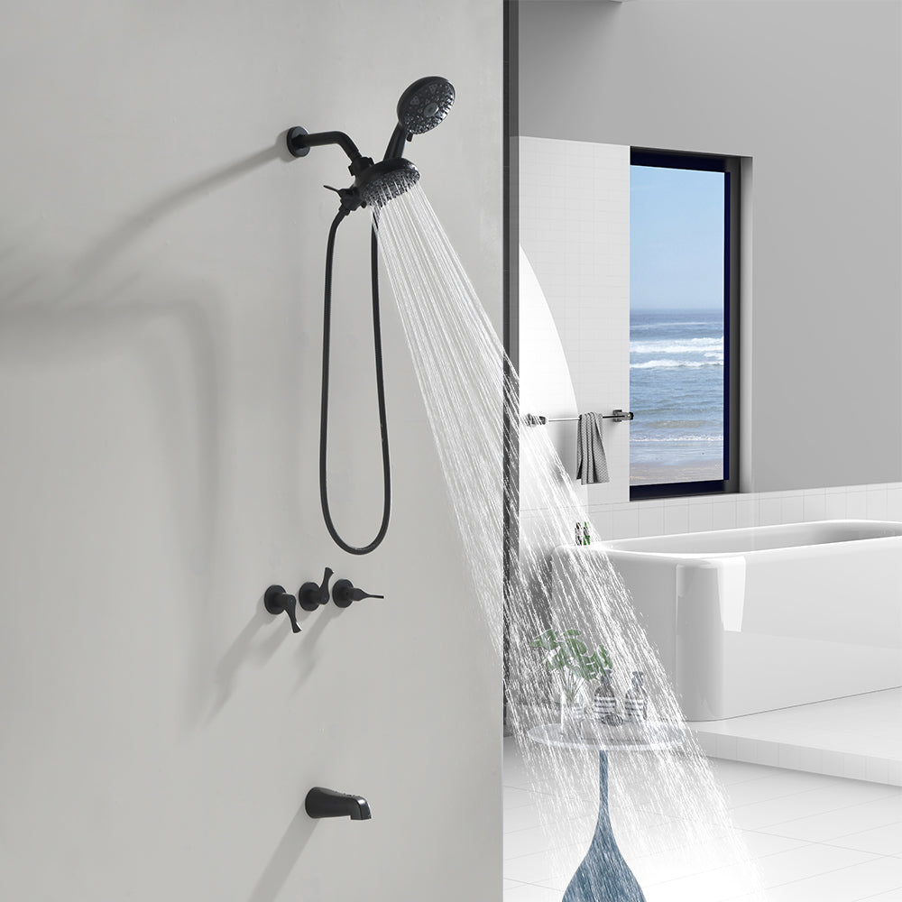 3 Handles Tub Shower Faucet with Round 6-Spray 2 In 1 Dual Shower Head and Tub Spout