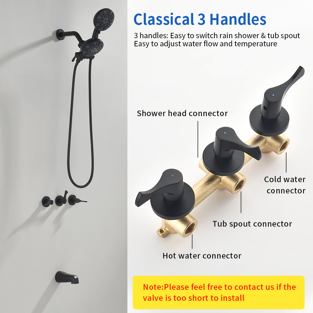 3 Handles Tub Shower Faucet with Round 6-Spray 2 In 1 Dual Shower Head and Tub Spout