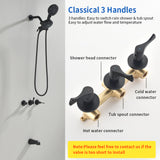 3 Handles Tub Shower Faucet with Round 6-Spray 2 In 1 Dual Shower Head and Tub Spout
