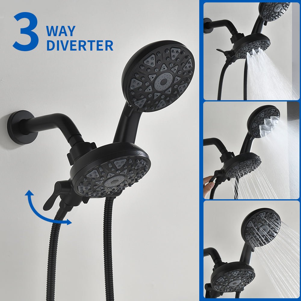 3 Handles Tub Shower Faucet with Round 6-Spray 2 In 1 Dual Shower Head and Tub Spout