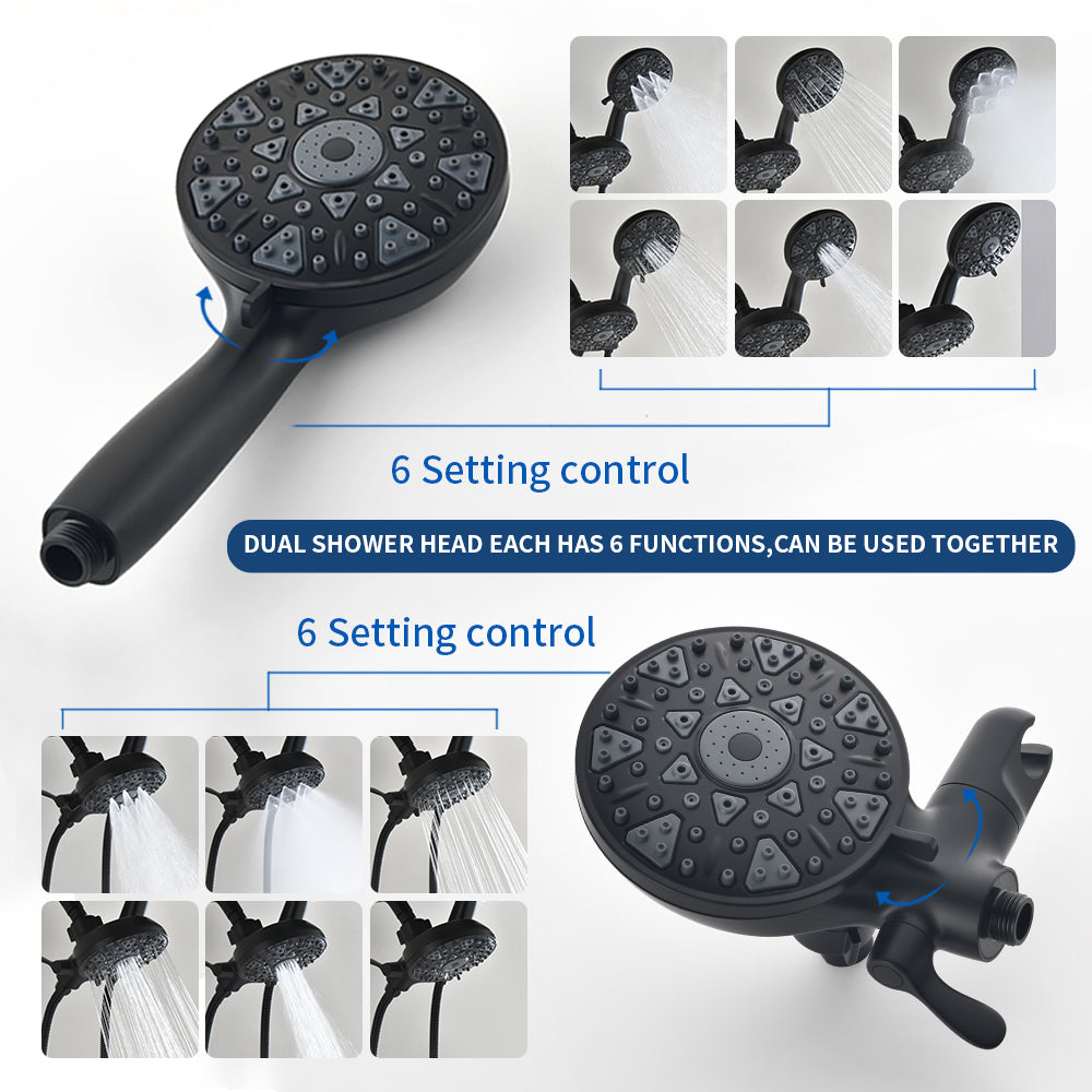 3 Handles Tub Shower Faucet with Round 6-Spray 2 In 1 Dual Shower Head and Tub Spout