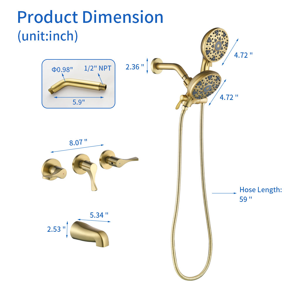 3 Handles Tub Shower Faucet with Round 6-Spray 2 In 1 Dual Shower Head and Tub Spout