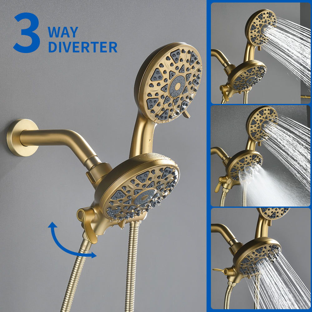 3 Handles Tub Shower Faucet with Round 6-Spray 2 In 1 Dual Shower Head and Tub Spout