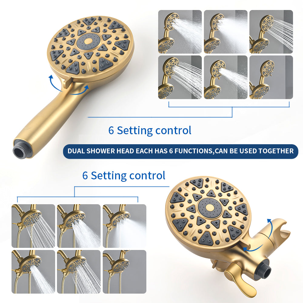 3 Handles Tub Shower Faucet with Round 6-Spray 2 In 1 Dual Shower Head and Tub Spout