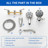 3 Handles Tub Shower Faucet with Round 6-Spray 2 In 1 Dual Shower Head and Tub Spout
