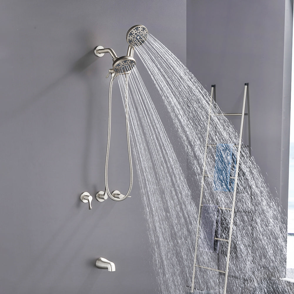 3 Handles Tub Shower Faucet with Round 6-Spray 2 In 1 Dual Shower Head and Tub Spout