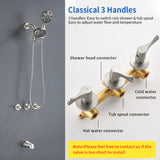 3 Handles Tub Shower Faucet with Round 6-Spray 2 In 1 Dual Shower Head and Tub Spout