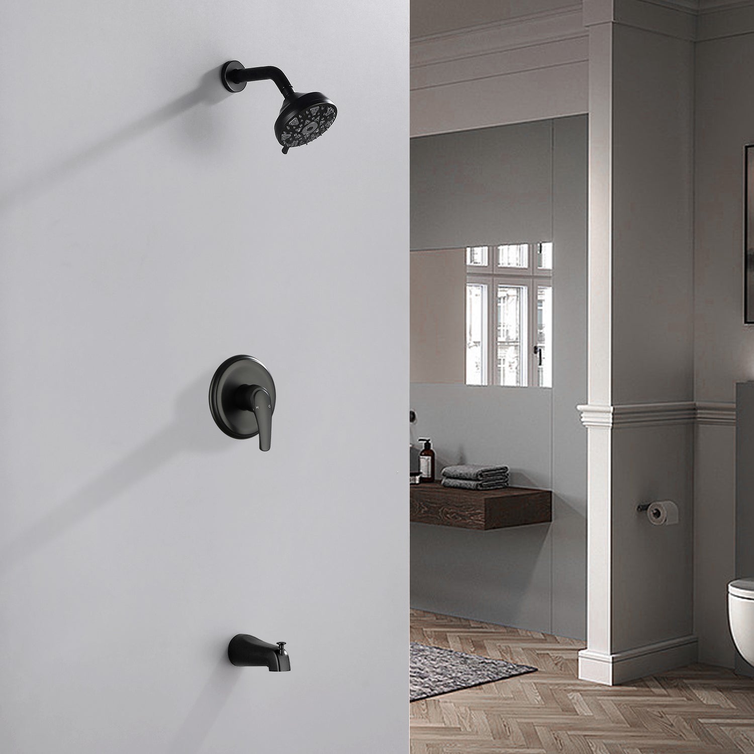 5Inch Tub Shower Faucet Set with 6-Spray Shower Head Wall Mounted Shower Trim Kit with Diverter Bath Spout