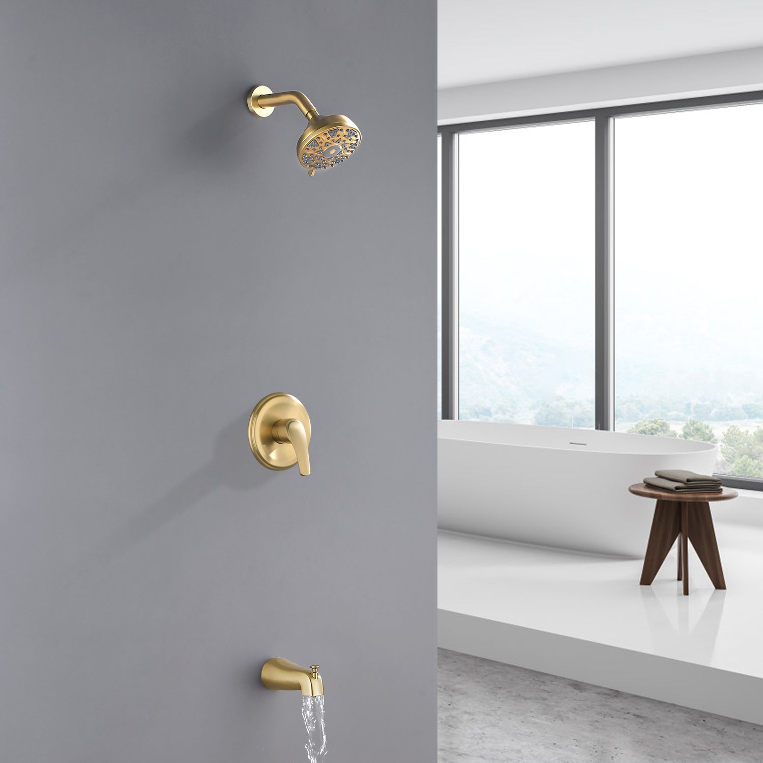 5Inch Tub Shower Faucet Set with 6-Spray Shower Head Wall Mounted Shower Trim Kit with Diverter Bath Spout