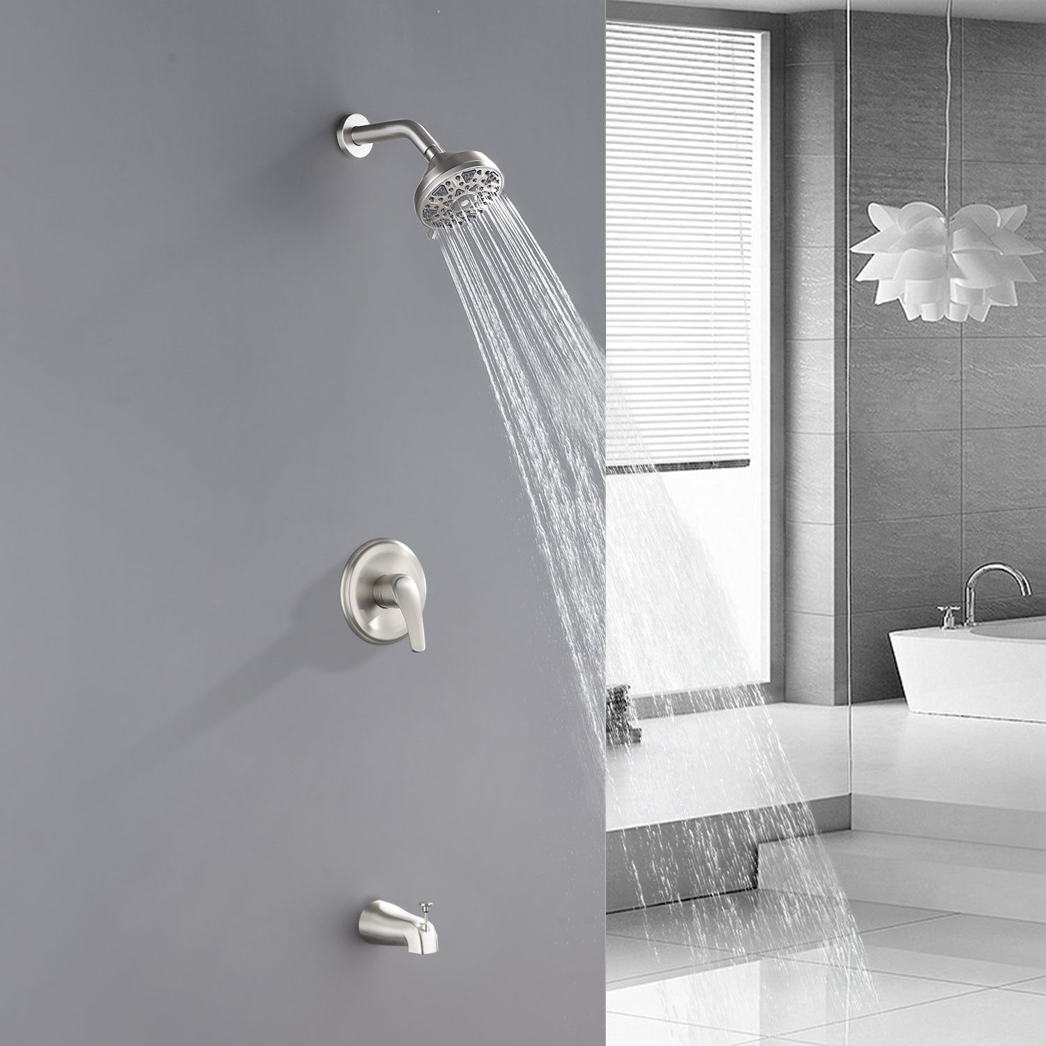 5Inch Tub Shower Faucet Set with 6-Spray Shower Head Wall Mounted Shower Trim Kit with Diverter Bath Spout