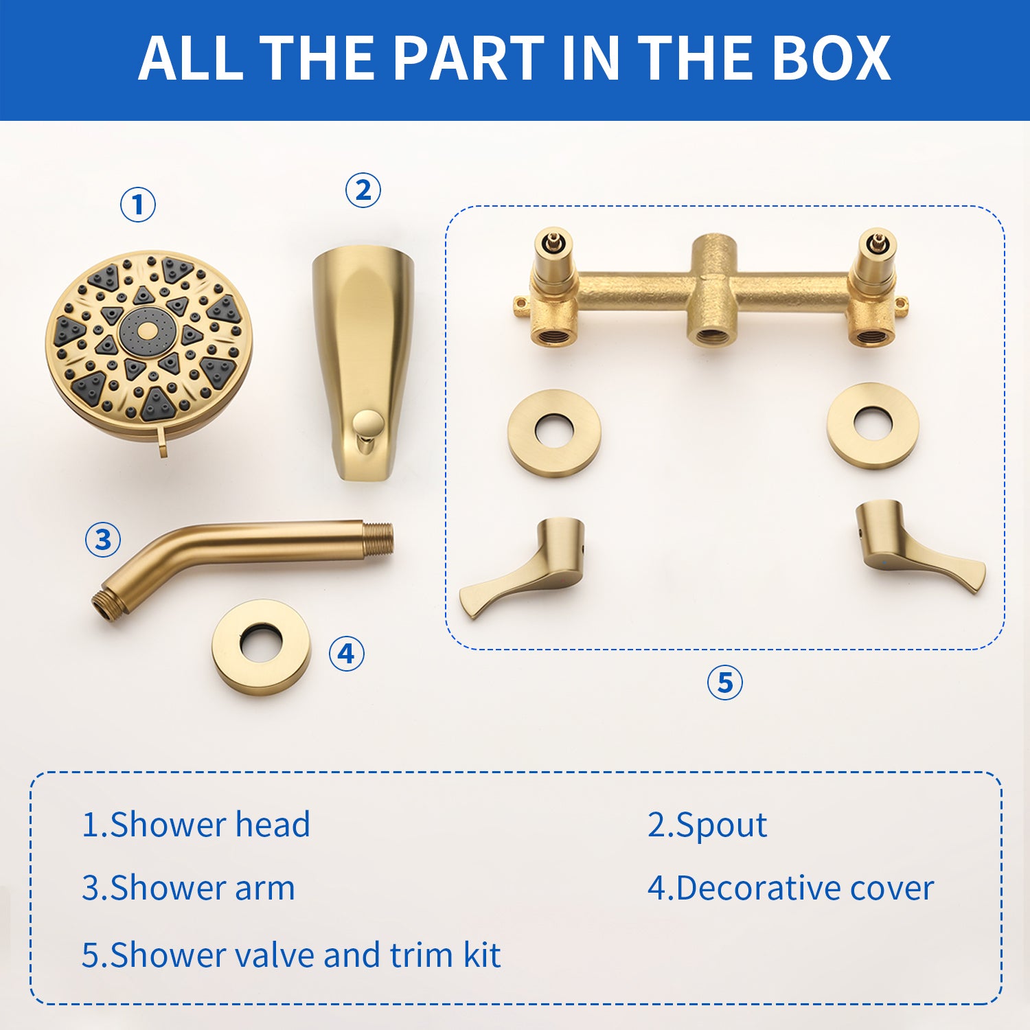 2-Handle Bath and Shower Trim Kit with Diverter Tub Spout 6-Setting Tub Shower Faucet with Valve In Matte Black, Brushed Nickel, Brushed Gold