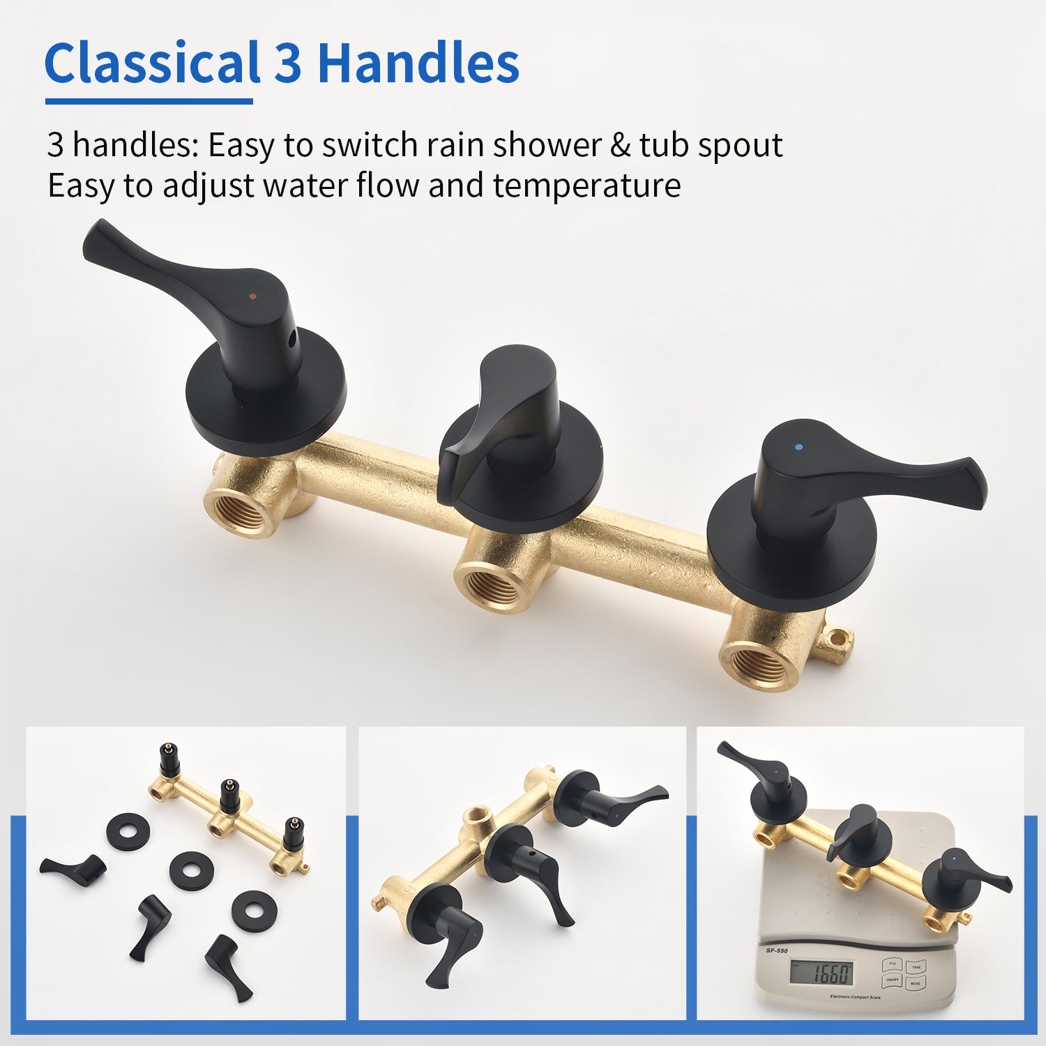 3-Handle Tub & Shower Trim with Tub Spout Wall Mounted 6-Spray 5-Inch Round Bathtub and Shower Faucet For Bathroom
