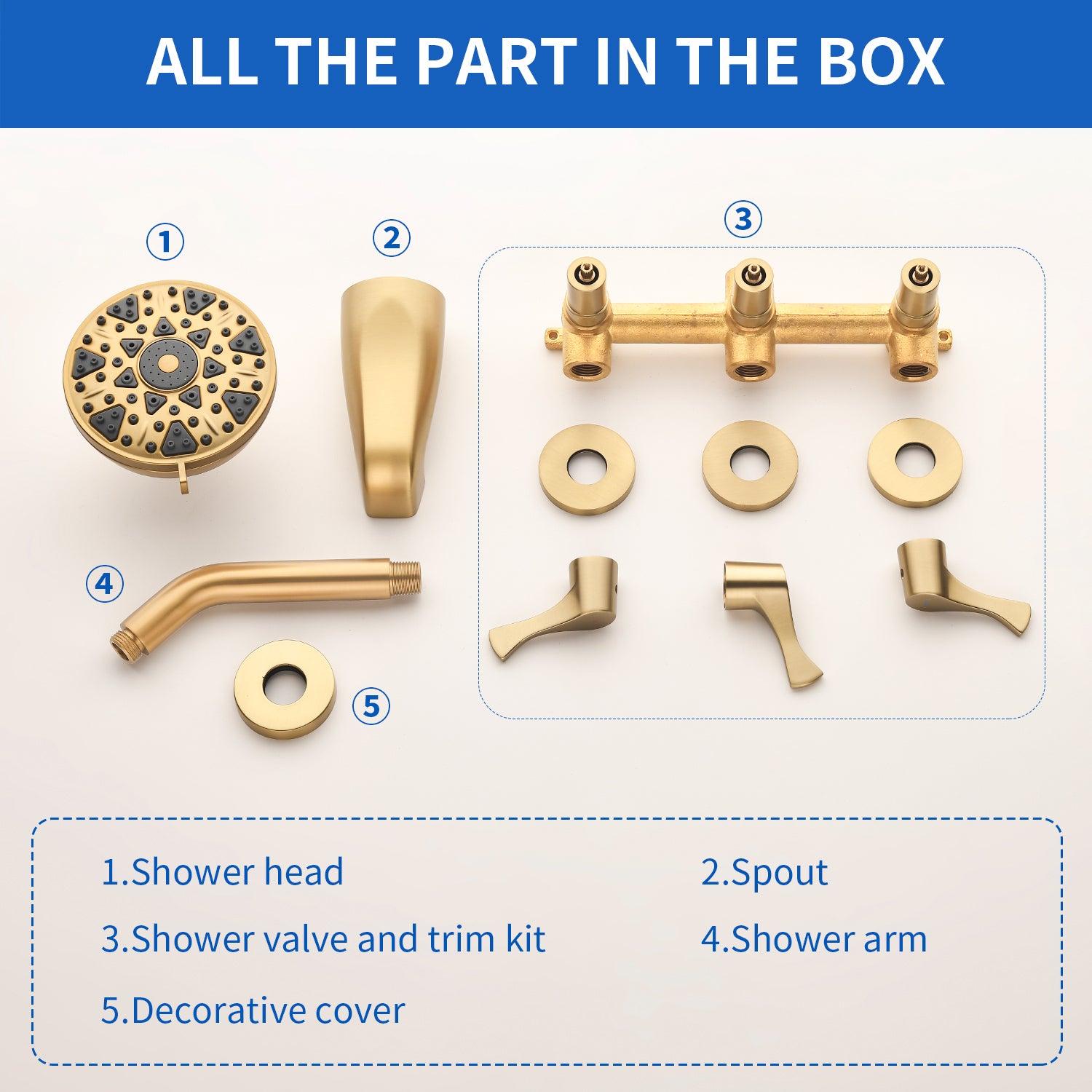 3-Handle Tub & Shower Trim with Tub Spout Wall Mounted 6-Spray 5-Inch Round Bathtub and Shower Faucet For Bathroom