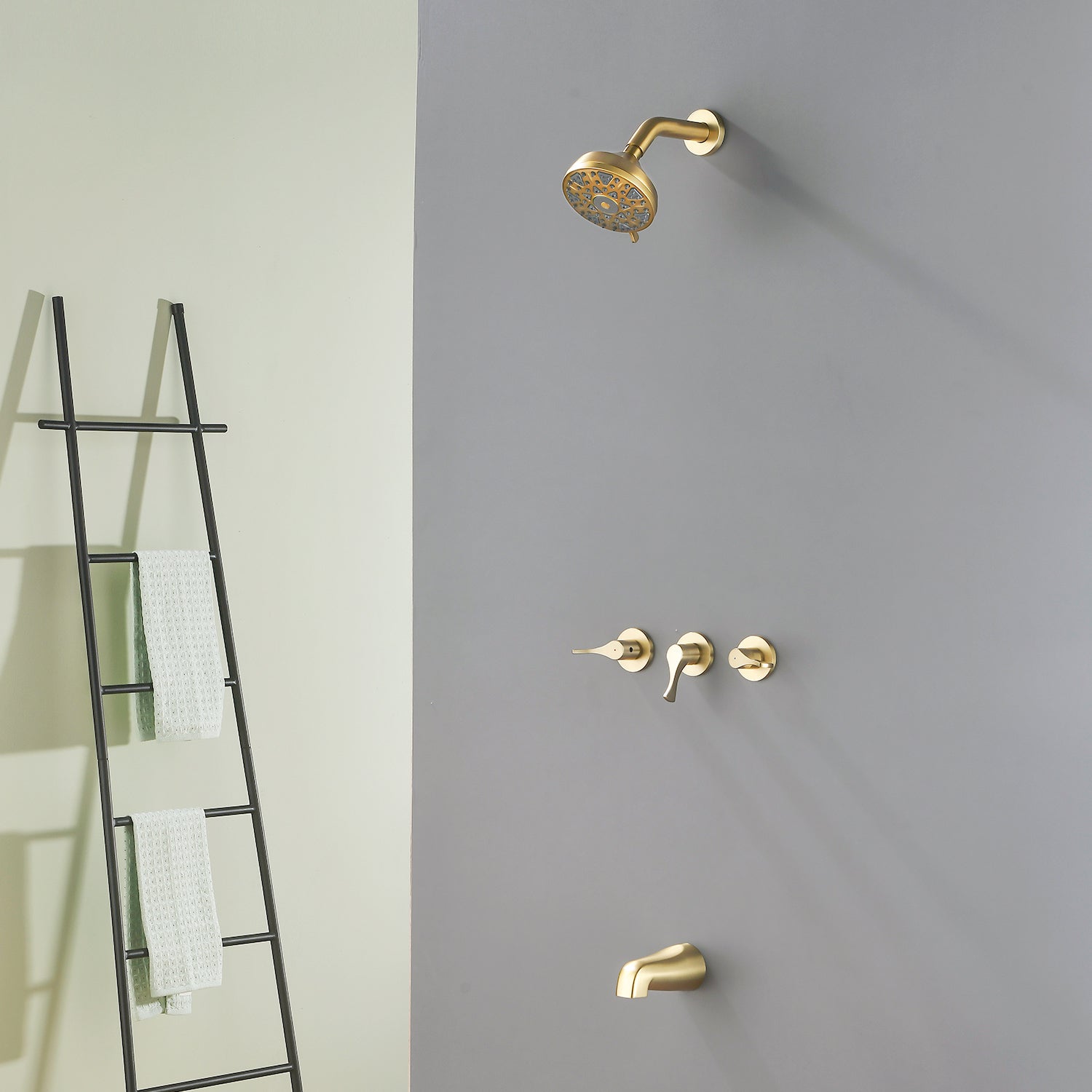 3-Handle Tub & Shower Trim with Tub Spout Wall Mounted 6-Spray 5-Inch Round Bathtub and Shower Faucet For Bathroom