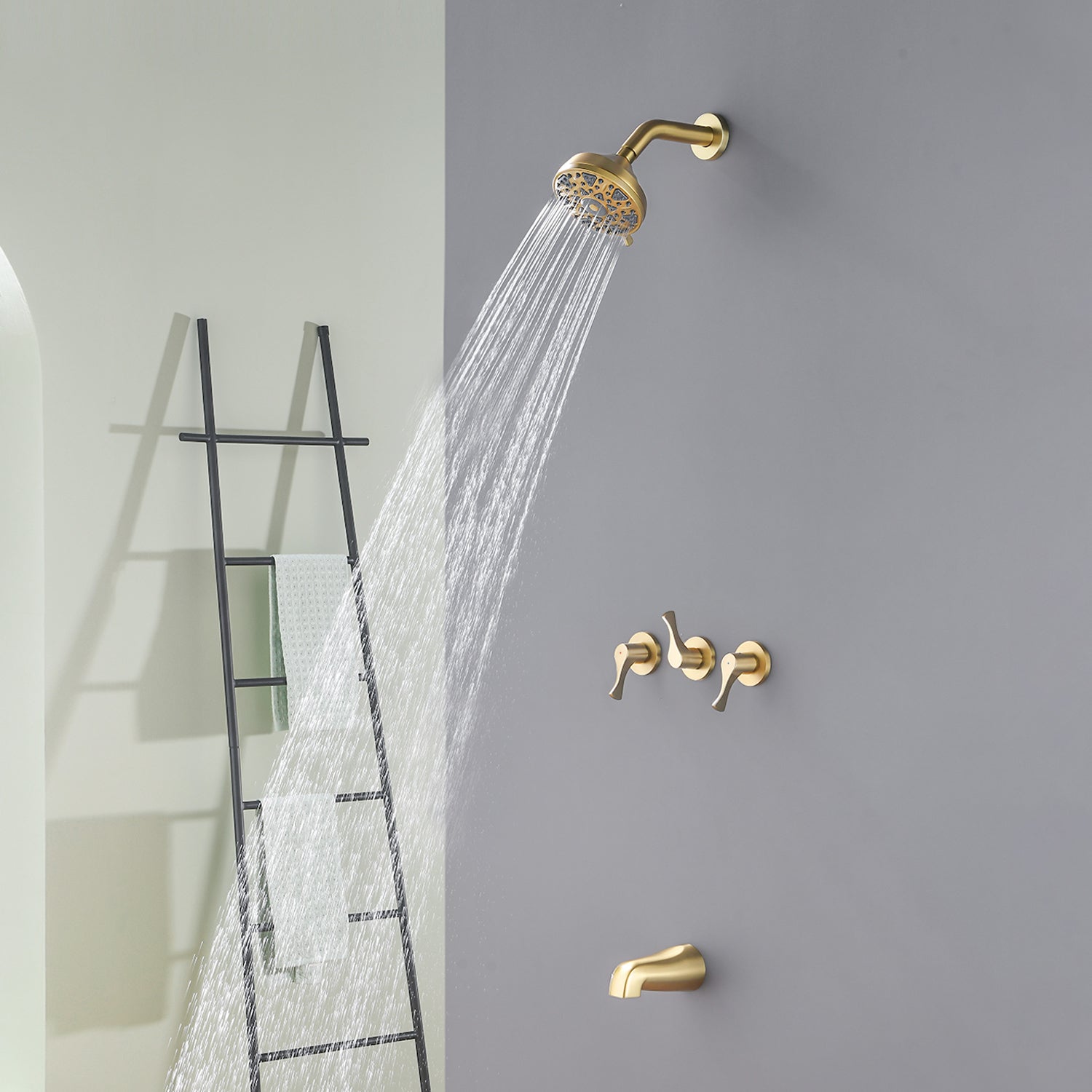 3-Handle Tub & Shower Trim with Tub Spout Wall Mounted 6-Spray 5-Inch Round Bathtub and Shower Faucet For Bathroom