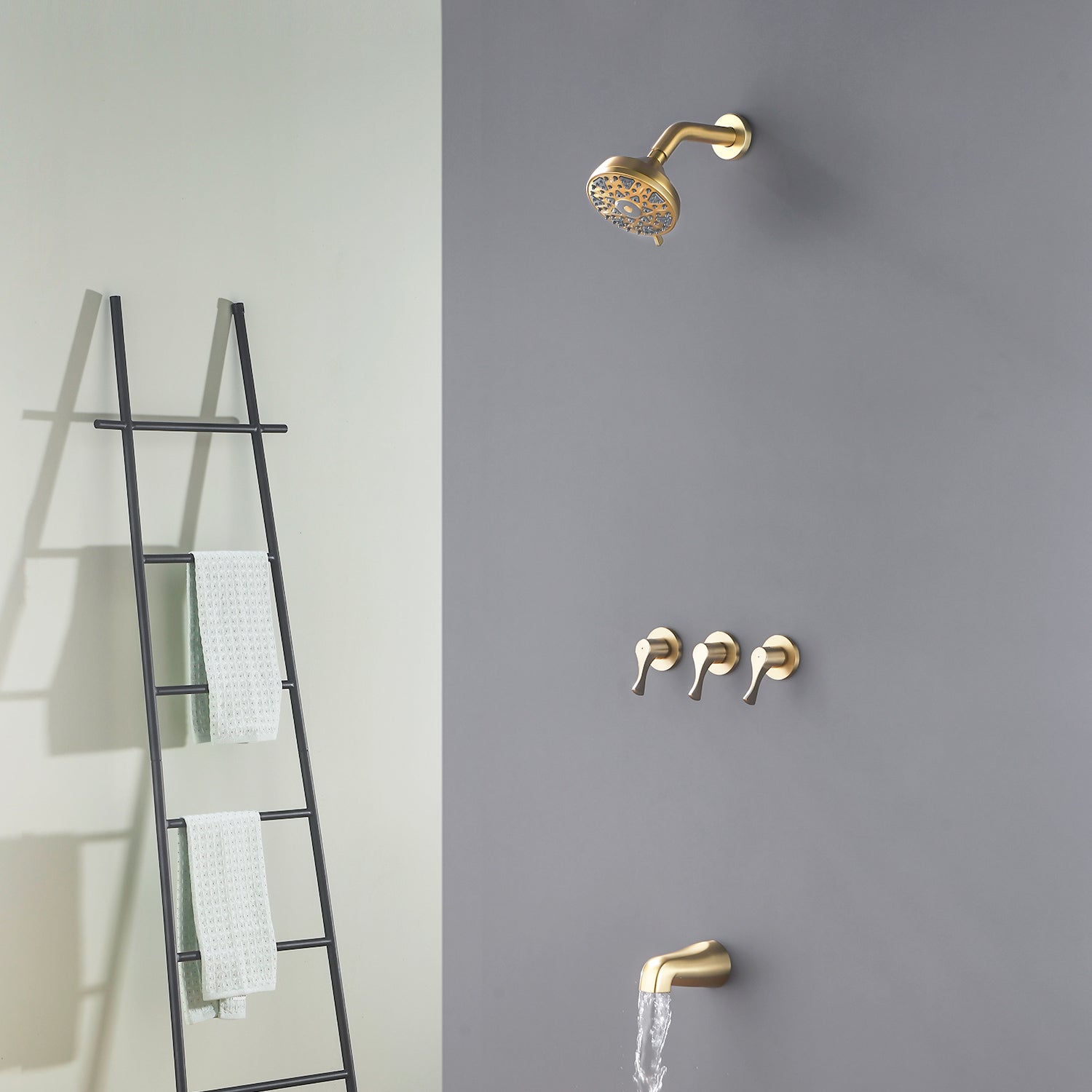 3-Handle Tub & Shower Trim with Tub Spout Wall Mounted 6-Spray 5-Inch Round Bathtub and Shower Faucet For Bathroom