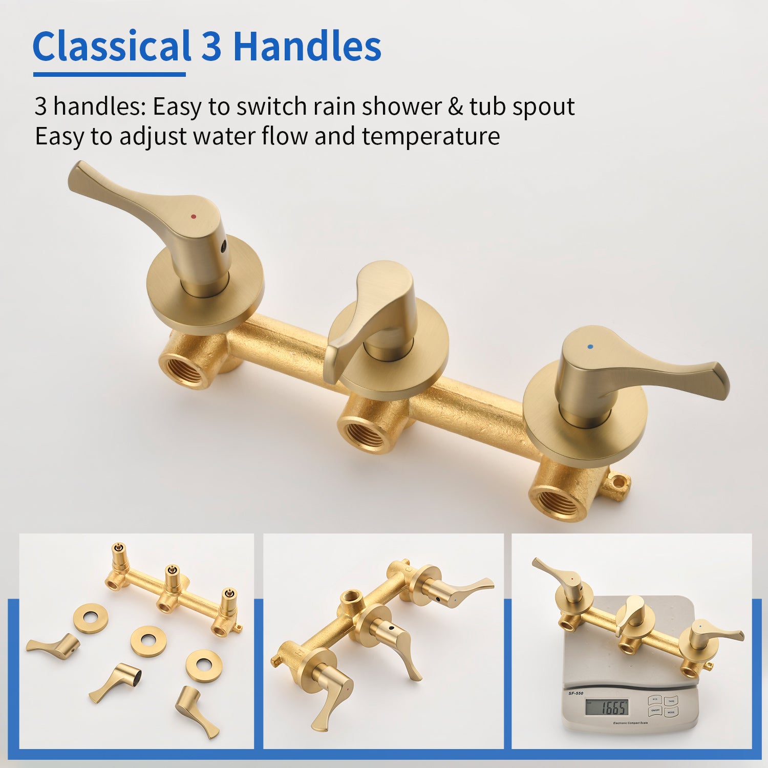 3-Handle Tub & Shower Trim with Tub Spout Wall Mounted 6-Spray 5-Inch Round Bathtub and Shower Faucet For Bathroom