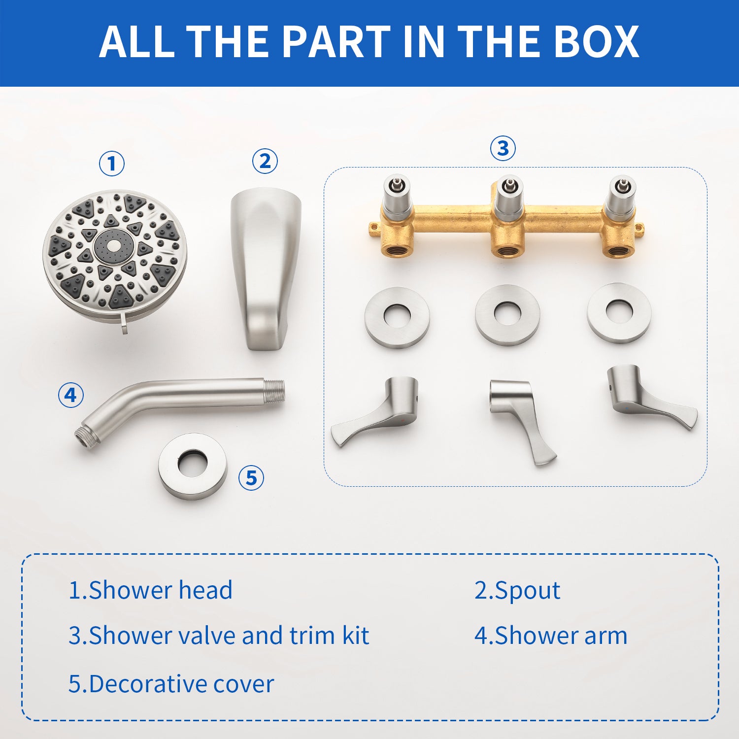 3-Handle Tub & Shower Trim with Tub Spout Wall Mounted 6-Spray 5-Inch Round Bathtub and Shower Faucet For Bathroom