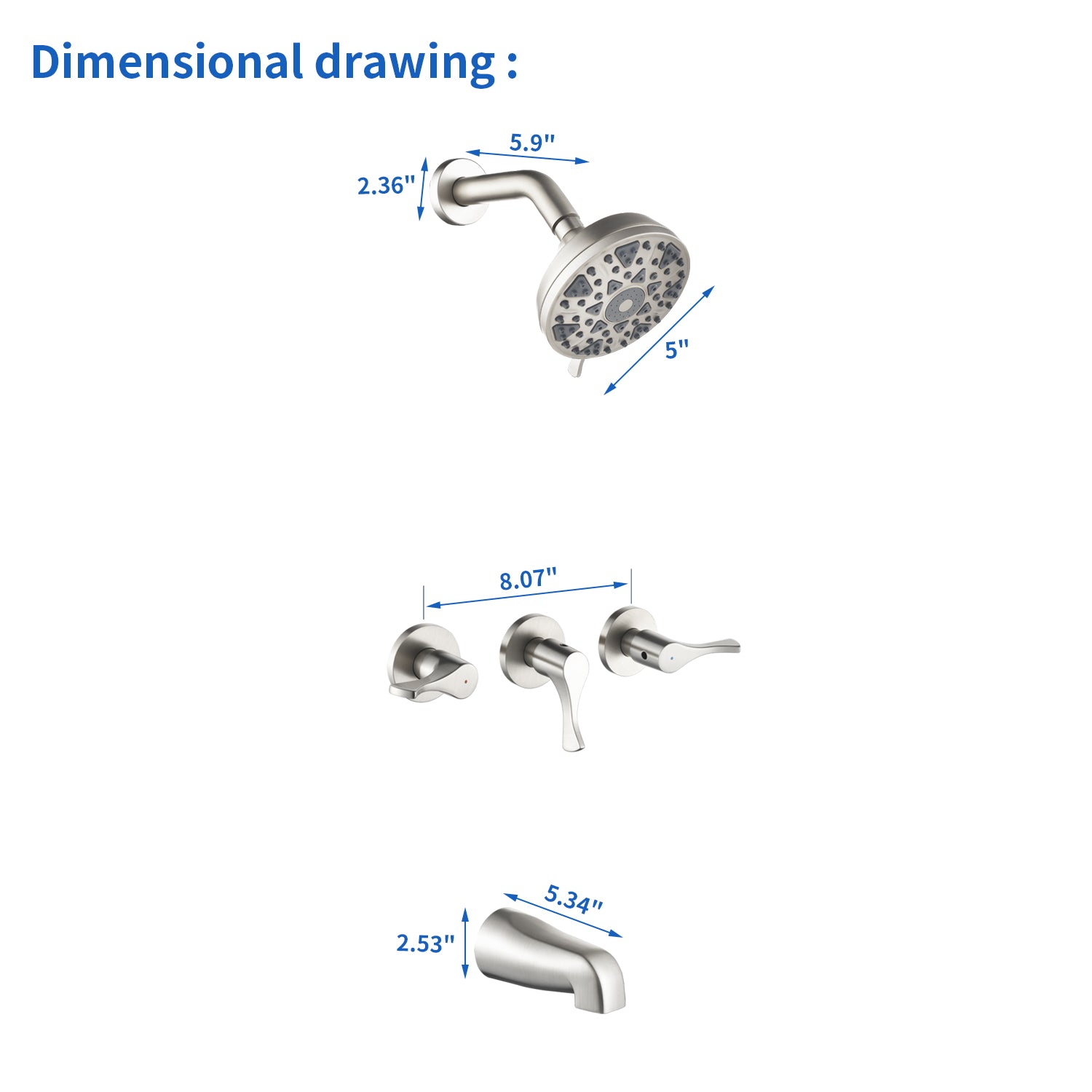 3-Handle Tub & Shower Trim with Tub Spout Wall Mounted 6-Spray 5-Inch Round Bathtub and Shower Faucet For Bathroom