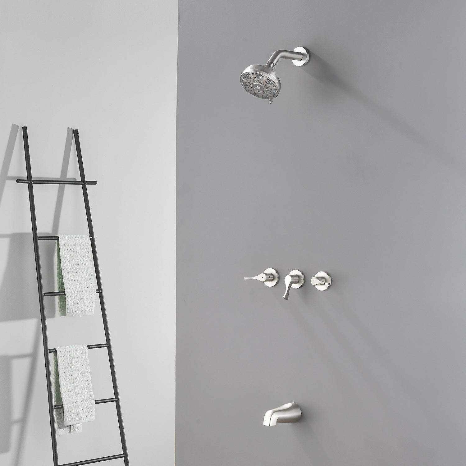 3-Handle Tub & Shower Trim with Tub Spout Wall Mounted 6-Spray 5-Inch Round Bathtub and Shower Faucet For Bathroom