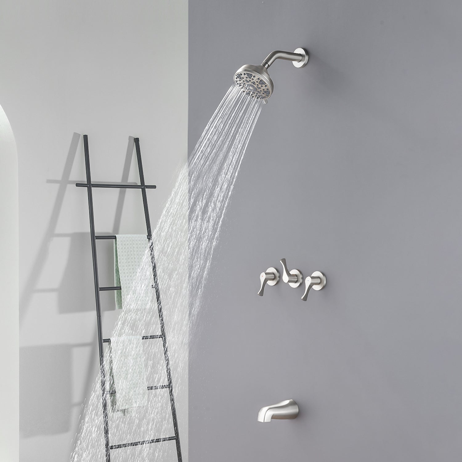3-Handle Tub & Shower Trim with Tub Spout Wall Mounted 6-Spray 5-Inch Round Bathtub and Shower Faucet For Bathroom