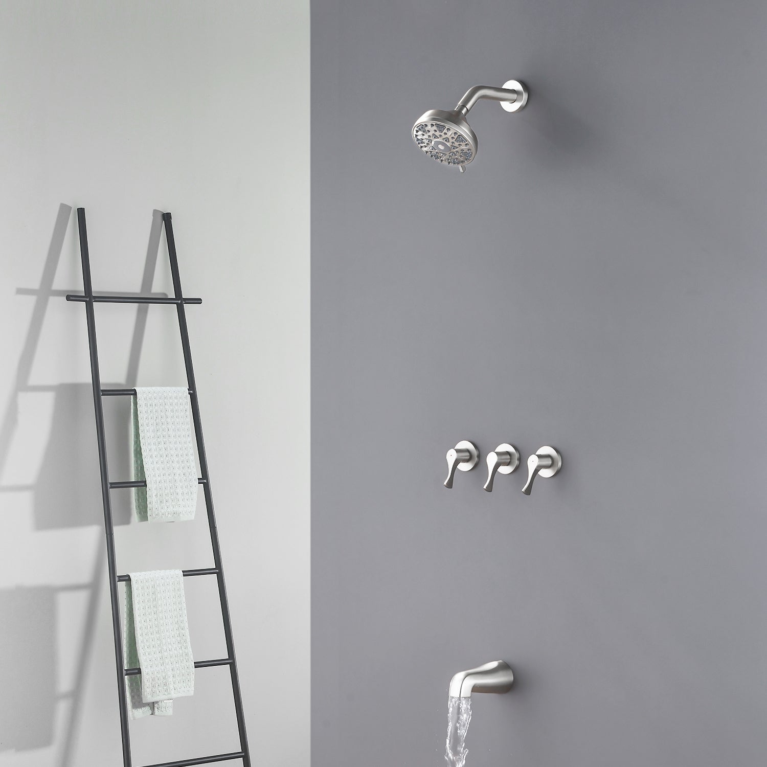 3-Handle Tub & Shower Trim with Tub Spout Wall Mounted 6-Spray 5-Inch Round Bathtub and Shower Faucet For Bathroom