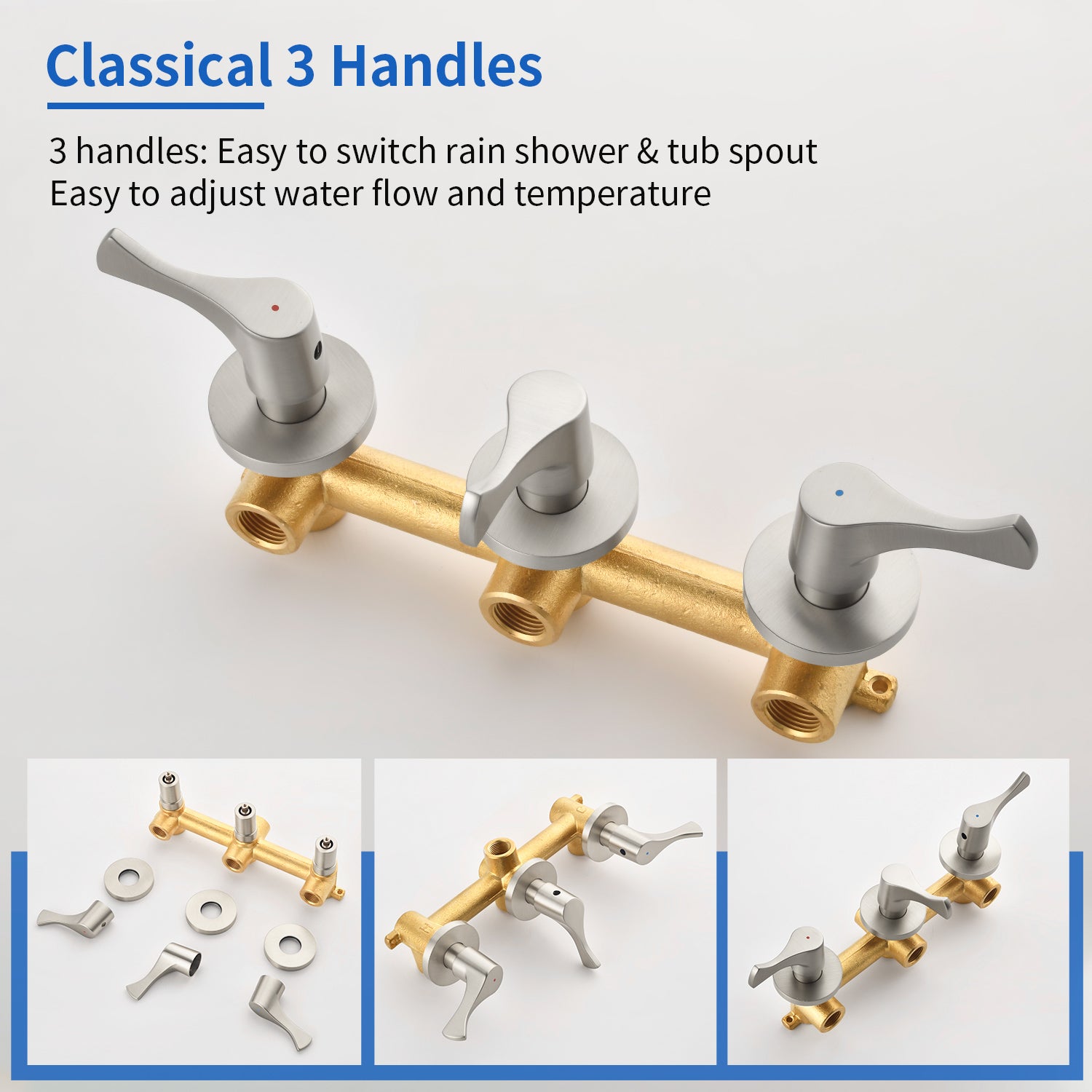 3-Handle Tub & Shower Trim with Tub Spout Wall Mounted 6-Spray 5-Inch Round Bathtub and Shower Faucet For Bathroom