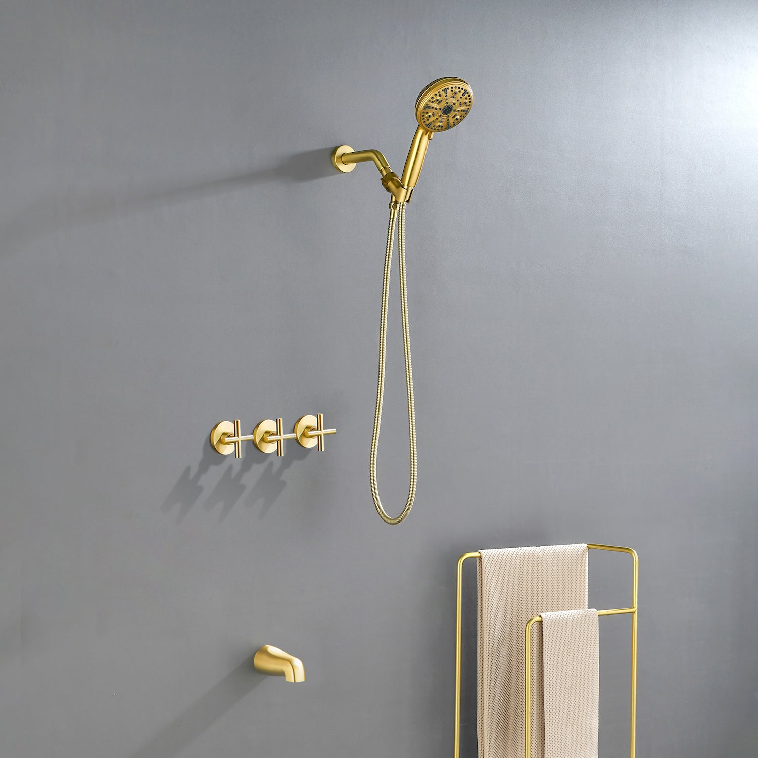 Triple Handles 10-Spray Tub Shower Faucet Wall Mount Shower Trim Kit with 5 In. High Pressure Hand Shower