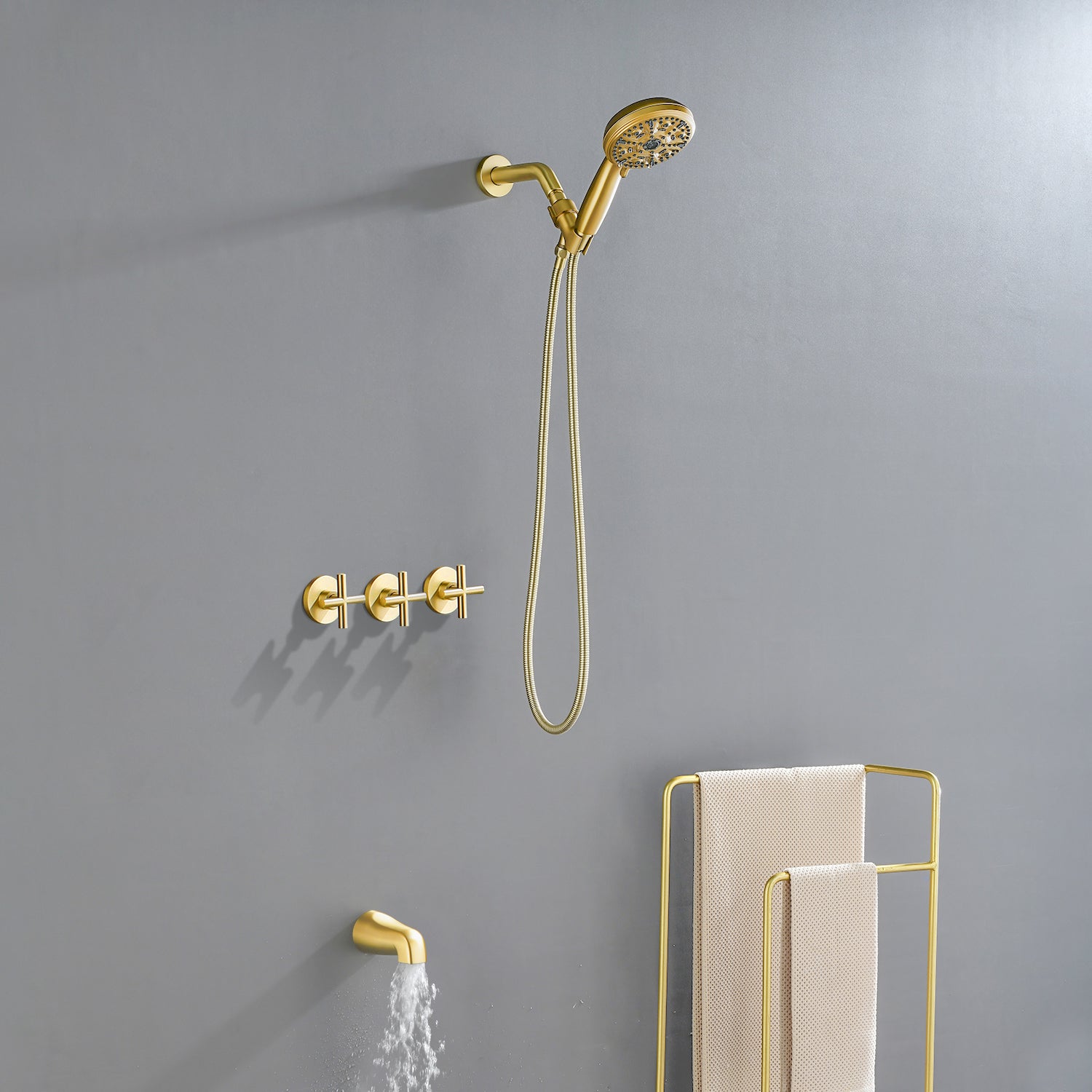 Triple Handles 10-Spray Tub Shower Faucet Wall Mount Shower Trim Kit with 5 In. High Pressure Hand Shower