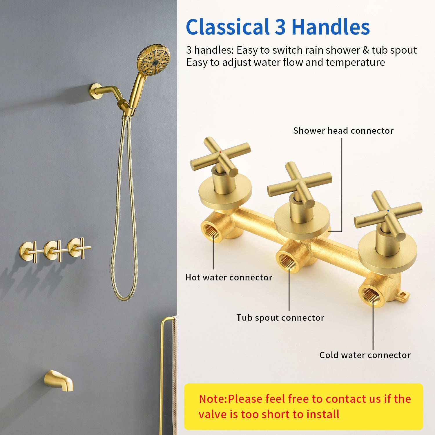 Triple Handles 10-Spray Tub Shower Faucet Wall Mount Shower Trim Kit with 5 In. High Pressure Hand Shower