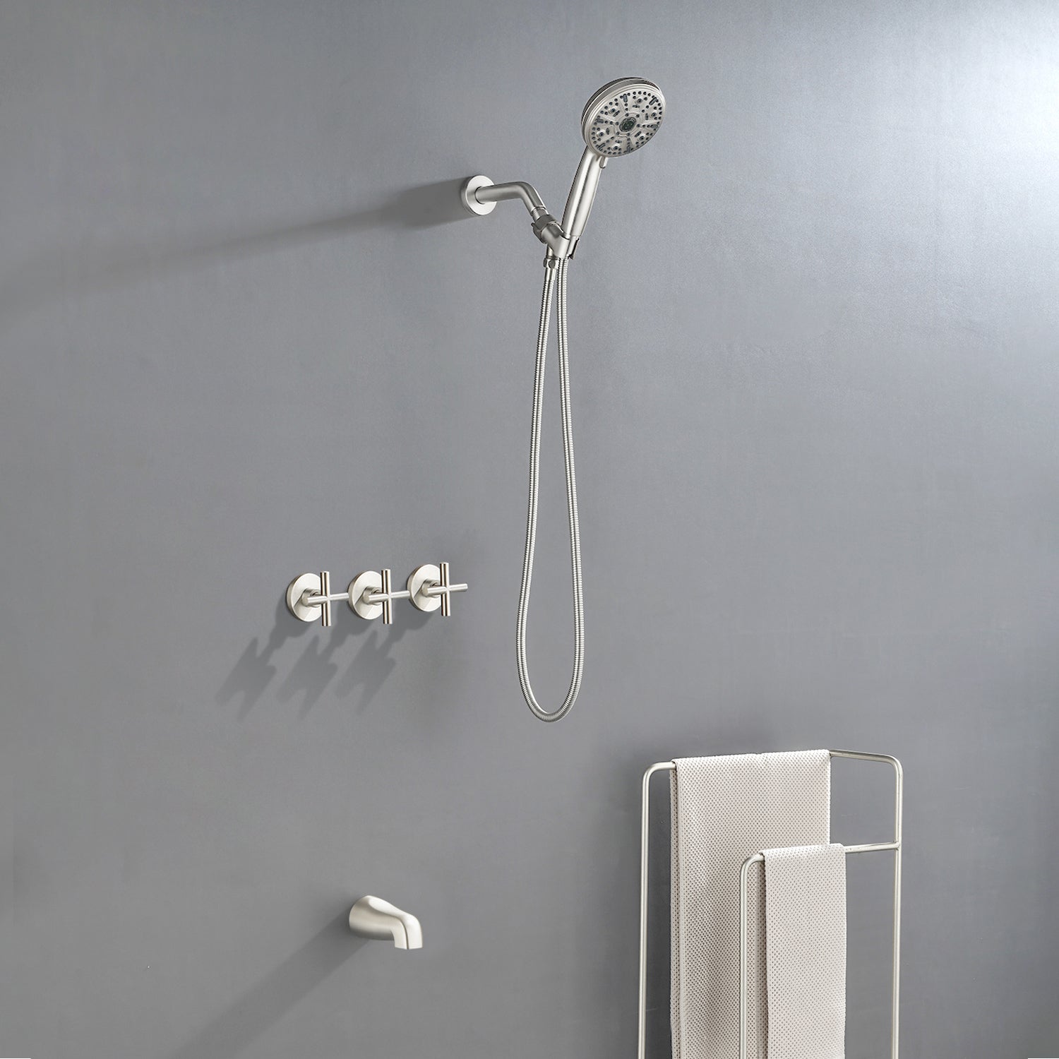 Triple Handles 10-Spray Tub Shower Faucet Wall Mount Shower Trim Kit with 5 In. High Pressure Hand Shower