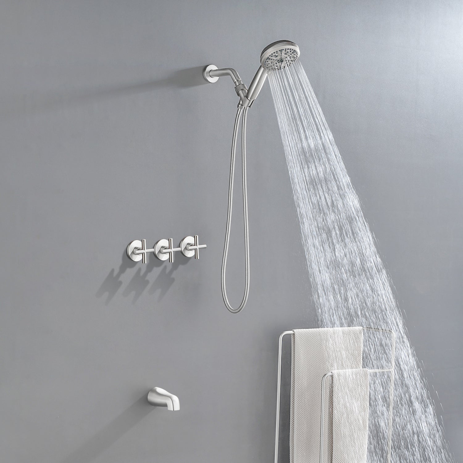 Triple Handles 10-Spray Tub Shower Faucet Wall Mount Shower Trim Kit with 5 In. High Pressure Hand Shower