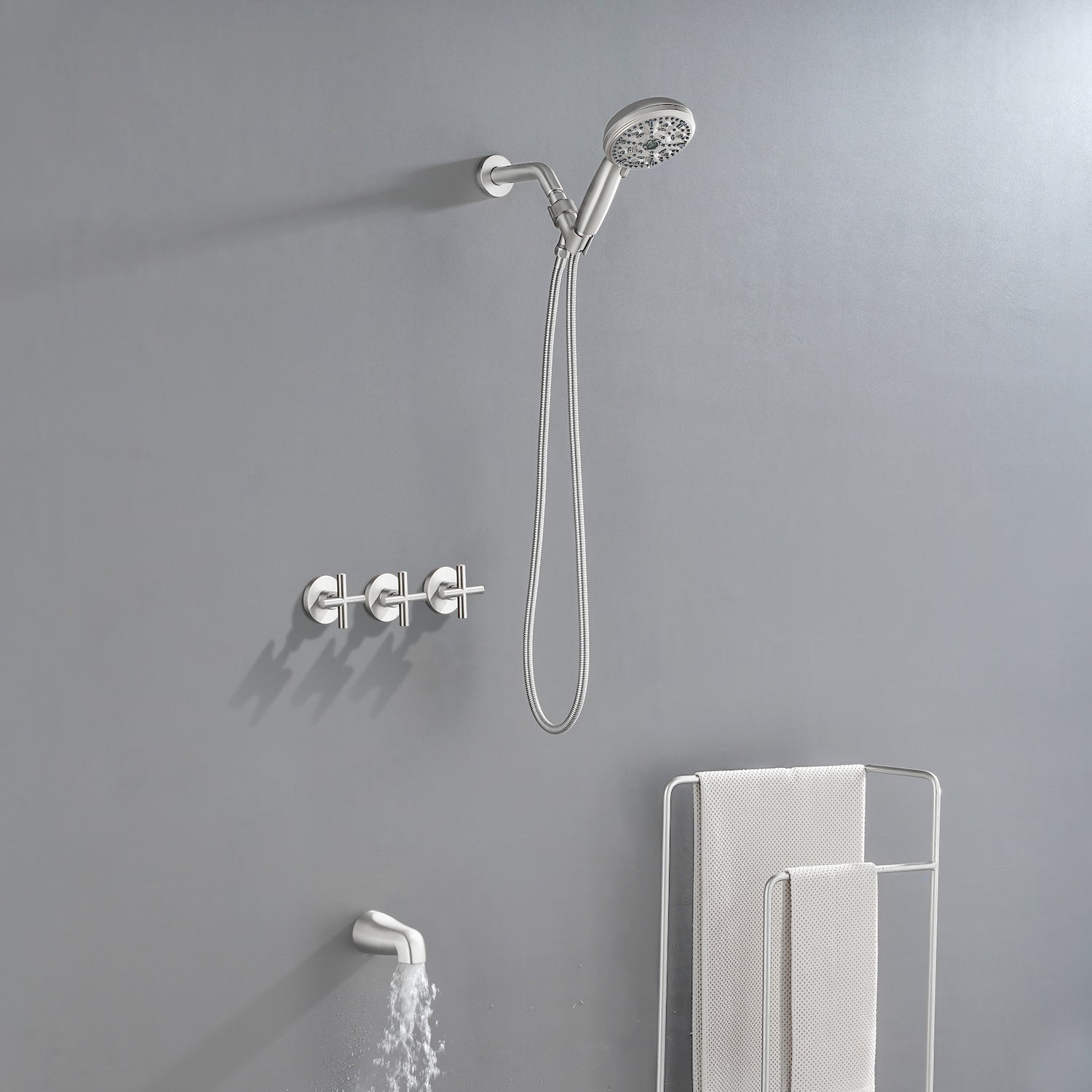 Triple Handles 10-Spray Tub Shower Faucet Wall Mount Shower Trim Kit with 5 In. High Pressure Hand Shower