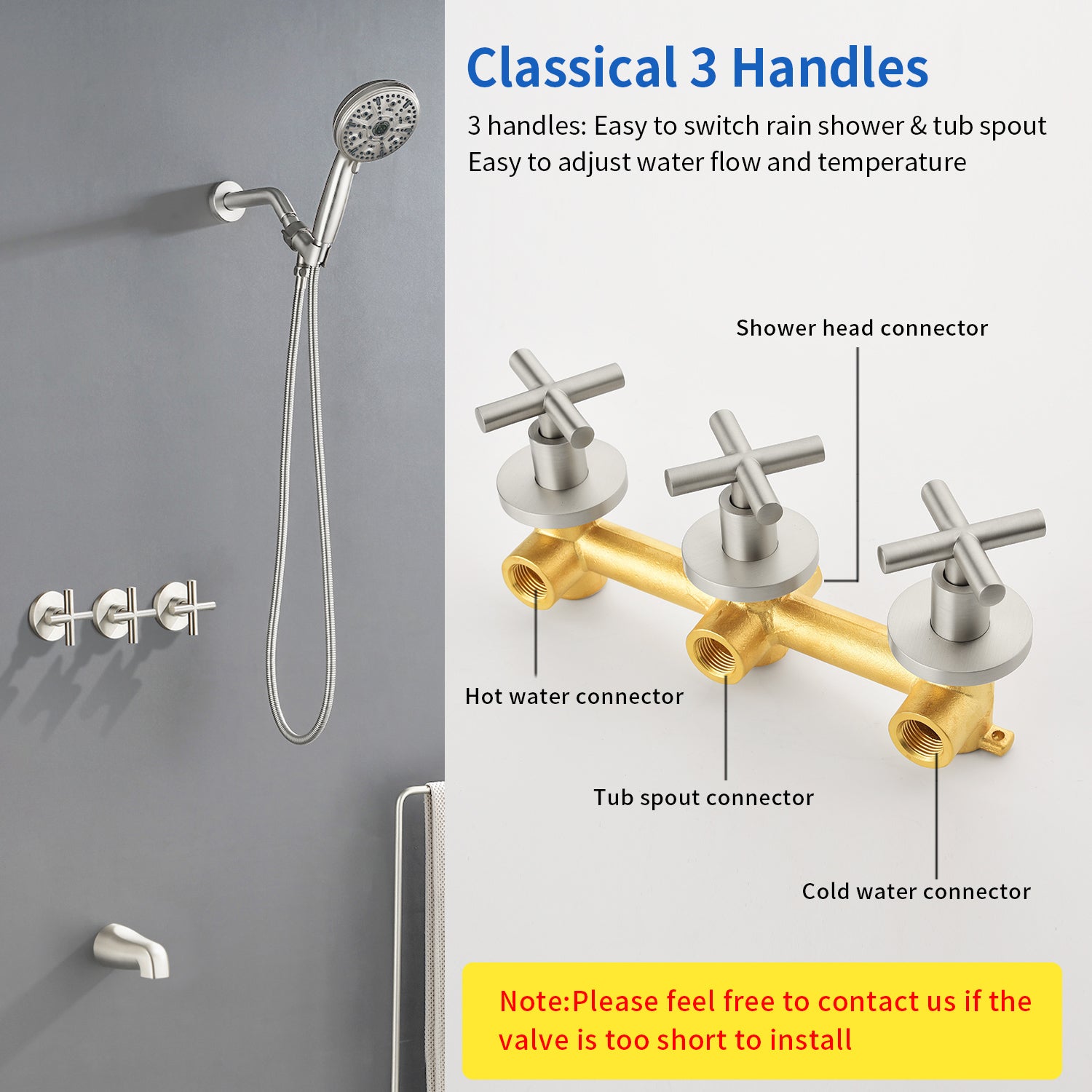 Triple Handles 10-Spray Tub Shower Faucet Wall Mount Shower Trim Kit with 5 In. High Pressure Hand Shower