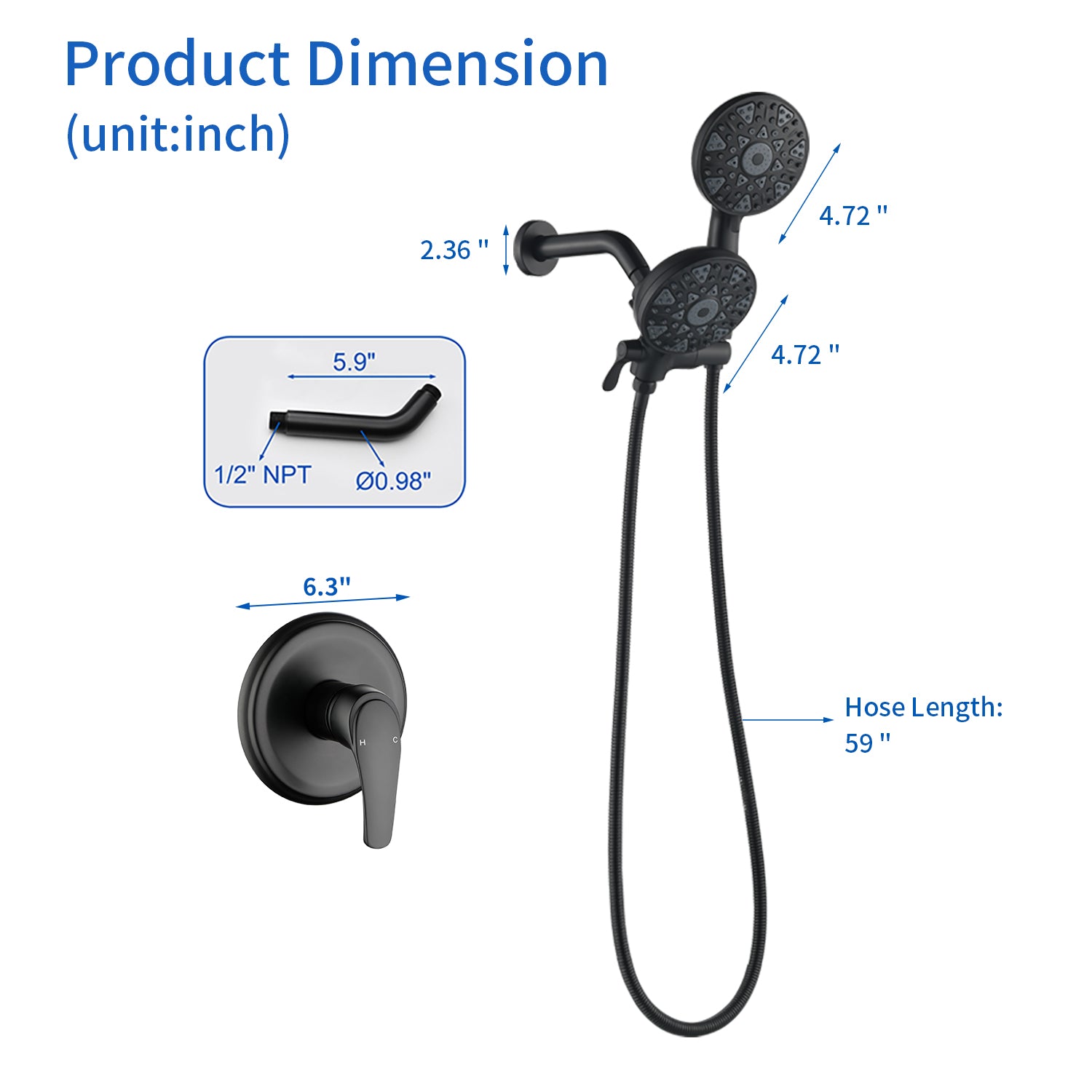 2-In-1 Rain Shower Heads System Single-Handle 6 Modes Shower Trim Kit with Dual Shower Head 4.7 Inch in Matte Black, Brushed Nickel, Brushed Gold